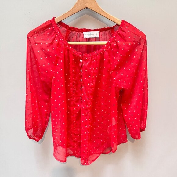 Abercrombie & Fitch Womens Sheer Red Polka Dot Blouse Button-Front Size S - Picture 1 of 8